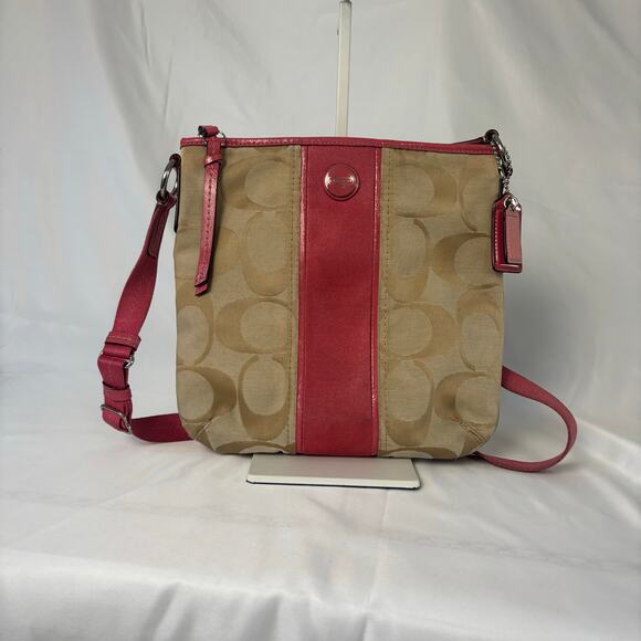 Coach Signature Stripe Duffle Crossbody Bag Khaki Jacquard Pink Patent Leather - Picture 2 of 12